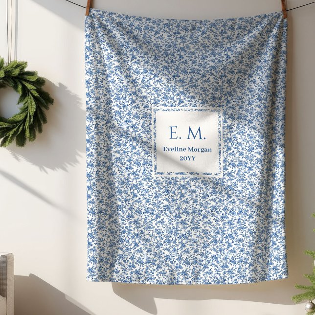 Sherpa Cobertor Azul Floral Toile Personalizado Presente  (Personalized Blue Toile Floral Cozy Gift Blanket)