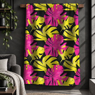 Sherpa Cobertor com padrão de folha neon rosa neon verde 