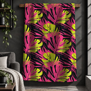 Sherpa Cobertor com padrão de folhas em rosa néon e verde