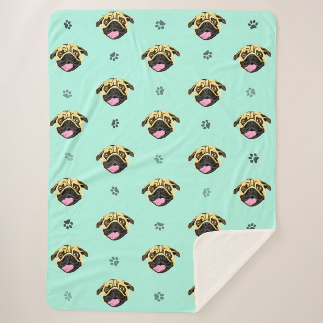 Sherpa Cobertor de Fleece com Rosto de Pug Sorridente (Frente)