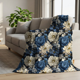 Sherpa Cobertor de Fleece Elegante Floral Azul Marinho Ma
