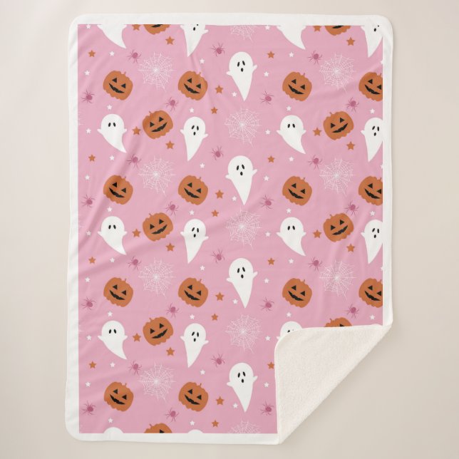 Sherpa Cobertor de Halloween Rosa com Fantasma e Abóbora  (Frente)