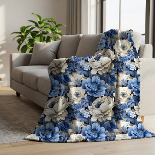 Sherpa Cobertor de Lançar Floral Branco Azul Moderno em I