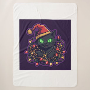 Sherpa Cobertor de Luzes de Natal com Gato Preto Engraçad