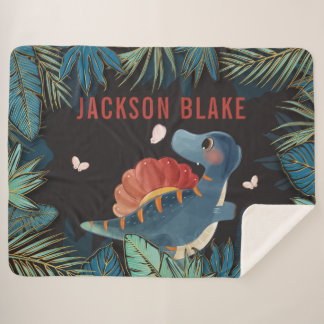 Sherpa Cobertor de Meninos com Dinossauro e Folhas Dourad