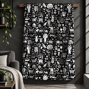 Sherpa Cobertor Decorativo com Rabiscos Abstratos Monocro