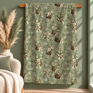 Sherpa Cobertor Elegante Verde Sage com Margaridas Branco