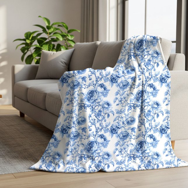 Sherpa Cobertor Floral de Toile de Azul Clássico Francês  (Classic Blue French Toile Roses Floral Blanket)