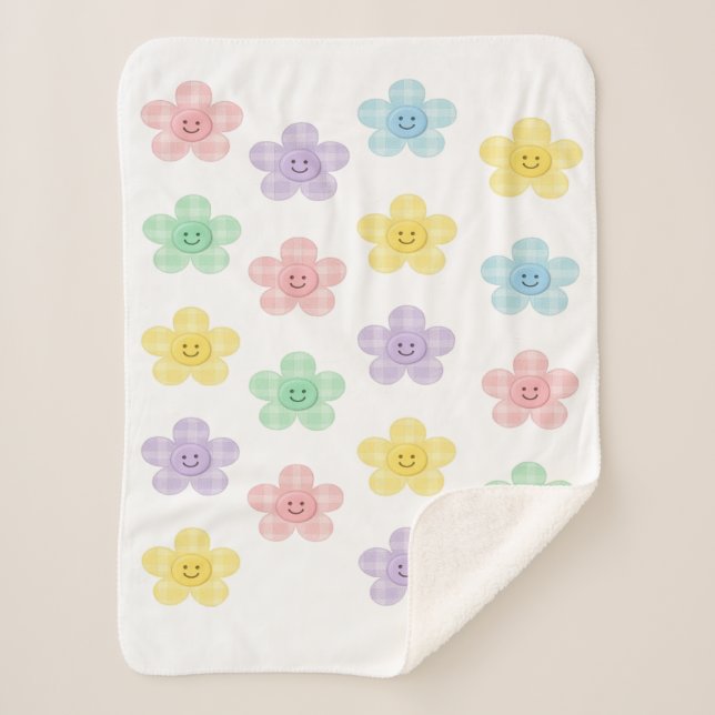 Sherpa Cobertor Fofo Flores Sorrindo Xadrez Pastel  (Frente)