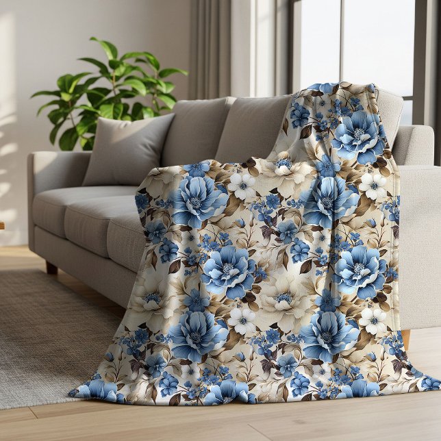 Sherpa Cobertor Macio de Lançar com Floral Sofisticado em (Sophisticated Blue Ivory Floral Soft Throw Blanket)