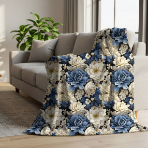 Sherpa Cobertor Premium Azul Branco Marfim Floral Aconche