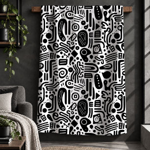 Sherpa Cobertor Preto Branco Abstrato com Linhas Divertid