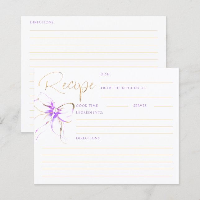 She's Tying the Knot Purple Bow Bridal Recipe Card (Frente/Verso)
