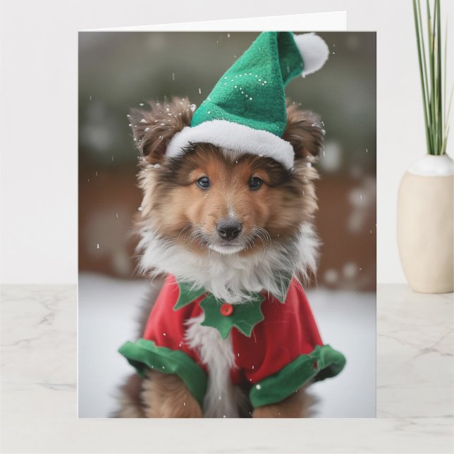 Shetland Sheepdog Elf Puppy Cartão de Natal (Frente)