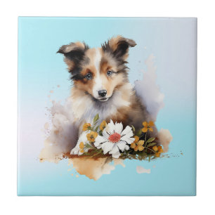 Shetland Sheepdog Puppy Pet Watercolor Fllower