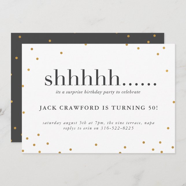 Shhhh, convite de aniversário surpresa (Frente/Verso)