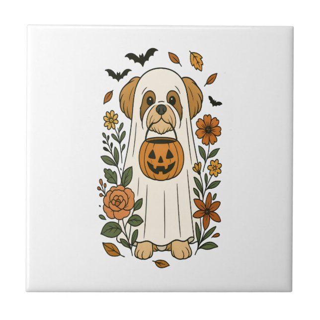 Shih Tzu de Halloween com Flores de Outono (Frente)