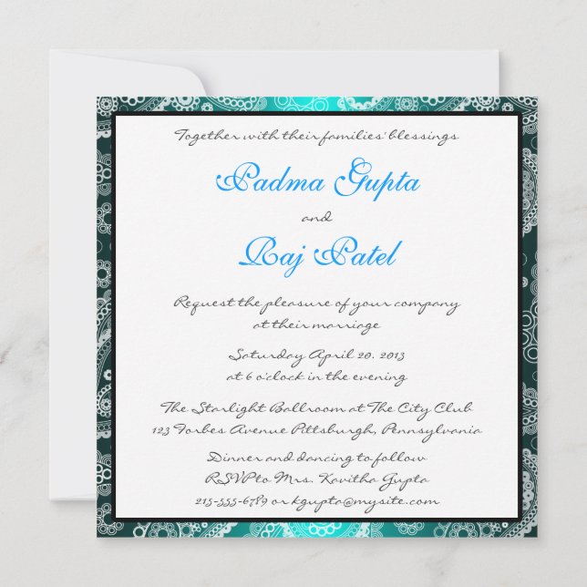 Shimmer Aqua e White Paisley Weding Convite (Verso)