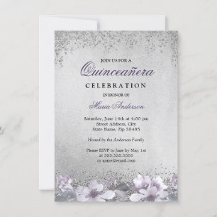 Shimmer Quinceanera Convite De Prata Floral Roxo