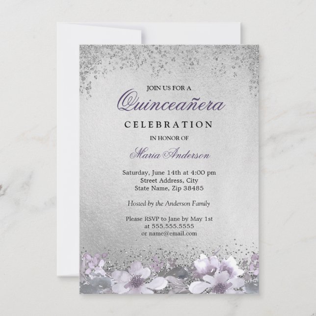 Shimmer Quinceanera Silver Floral Roxo Convite (Frente)