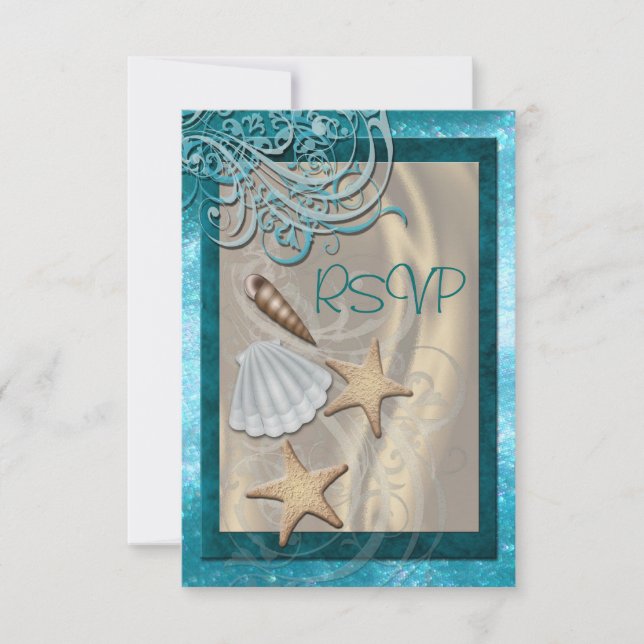 Shimmering Seashell Teal Beach Rsvp Convite (Frente)
