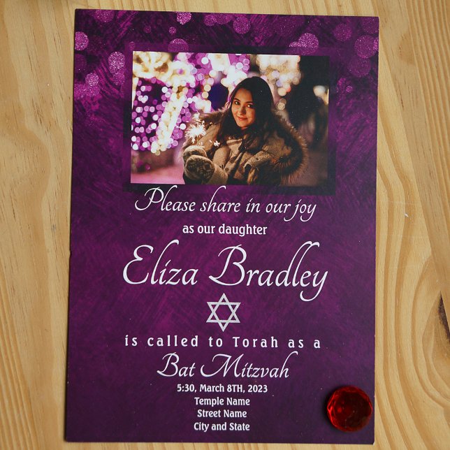 Shimmery Violet Bat Mitzvah Convite com Star (Purple violet shimmery bat mitzvah invitation with photo)