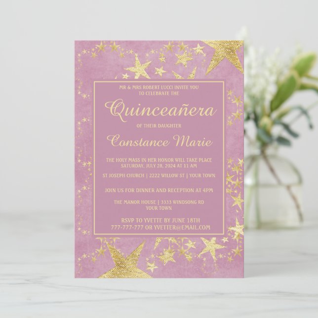 Shiny Dourado no Convite de Quinceanera Rosa (Em pé/Frente)