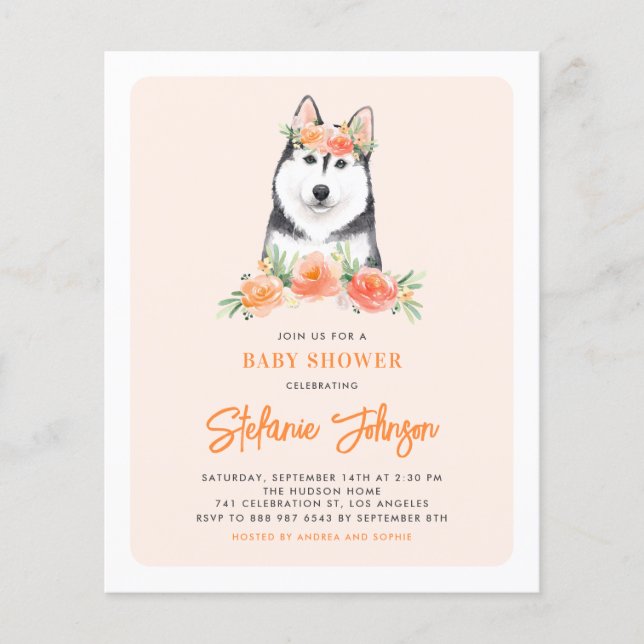 Siberian Husky Peach Floral Chá de fraldas Convite (Frente)