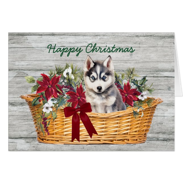 Siberian Husky Puppy no cartão de Natal (Frente Horizontal)