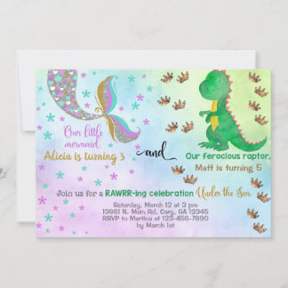 Siblings Mermaid e convite de aniversário de dinos