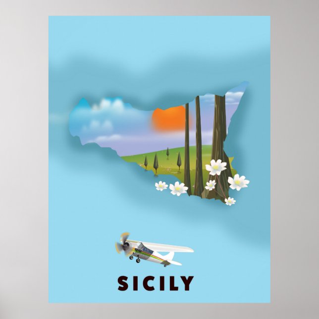 Sicília mapa ilustrado pôster de viagem (Frente)