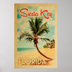 Siesta Key Poster Flórida Vintage Palm Tree Beach
