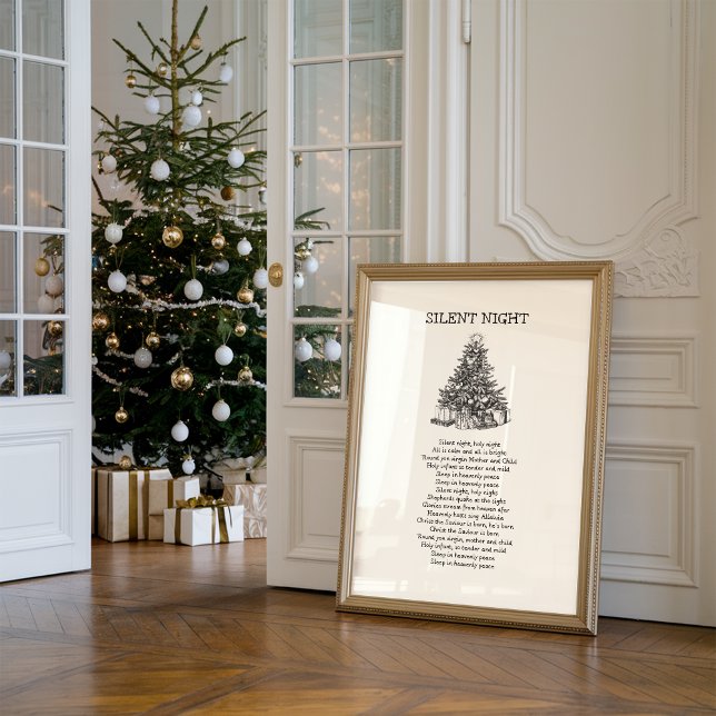 Silencioso Noite Hymn Lyrics Wall Impressão (A framed Christian hymn print titled “Silent night” with the whole hymn lyrics in bold black letters)