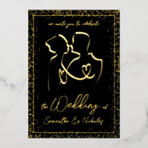 Silhueta de Amantes em Casamento Preto e Dourado