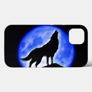 Silhueta de Wolf Howling na Lua na Noite Azul