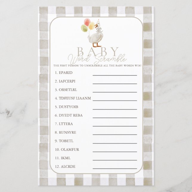 Silly Goose Beige Gingham Baby Word Scramble (Frente)