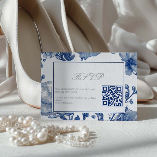 Silver And Navy Blue Wedding QR code RSVP Card (Criador carregado)