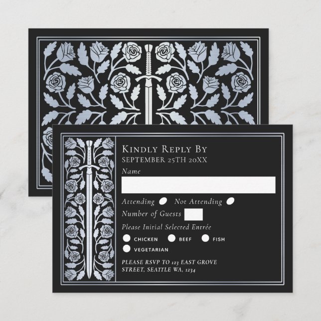 Silver Black Medieval Sword Wedding RSVP (Frente/Verso)