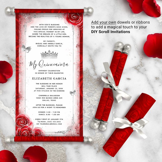 Silver Bright Red Quince faça Y rolando convites (How will you present your red quinceanera DIY scrolls? There are so many creative possibilities!)
