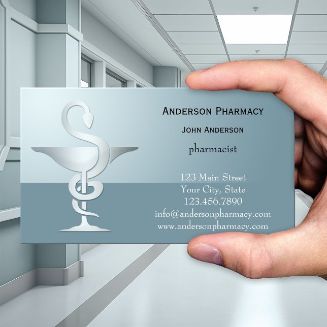 Silver Caduceus Pharmacy Cartão de visita (Modern pharmaceutical themed business card in pale teal blue with a silver caduceus - pharmacy)