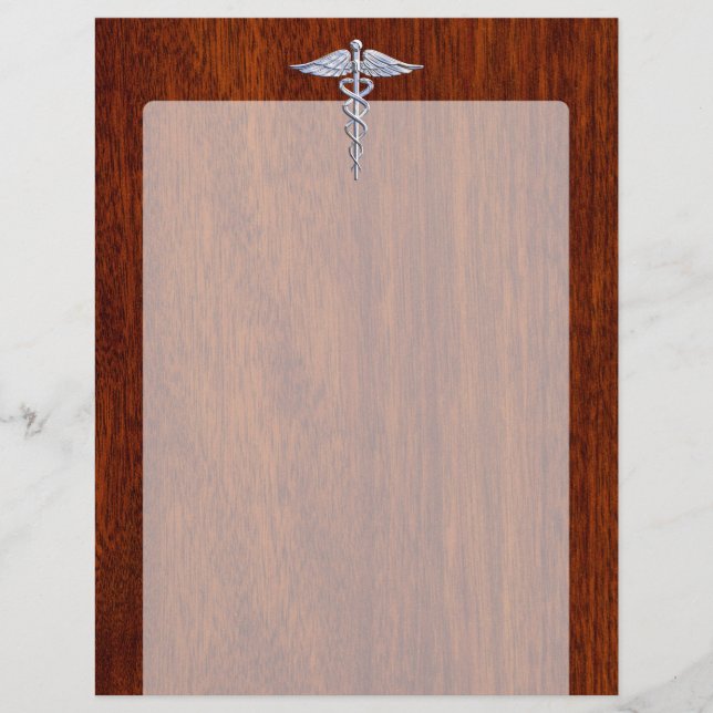 Silver Caduceus Símbolo Médico Decor Mahogany (Frente)
