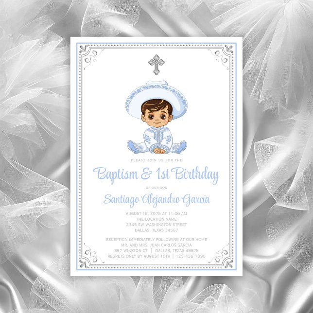 Silver Charro Baptism e Convite de Aniversário (Cute baby charro baptism invitation. All text can be changed, baby moved, cross moved/removed.)