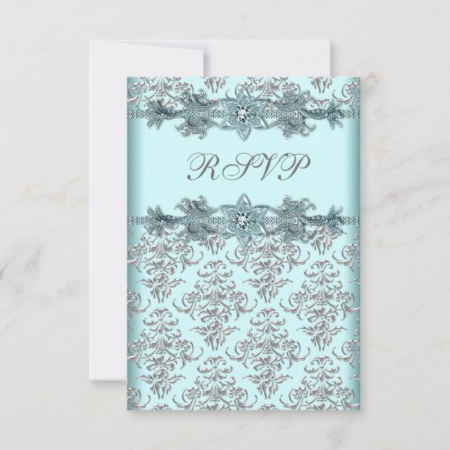 Silver Damask Teal Blue Sweet 16 Birthday RSVP (Frente)