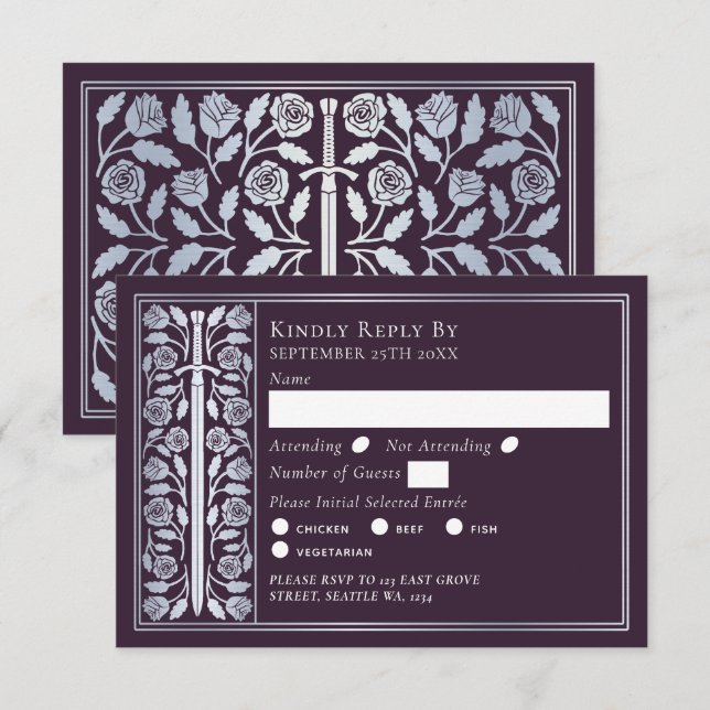Silver Eggplant Medieval Sword Wedding RSVP (Frente/Verso)