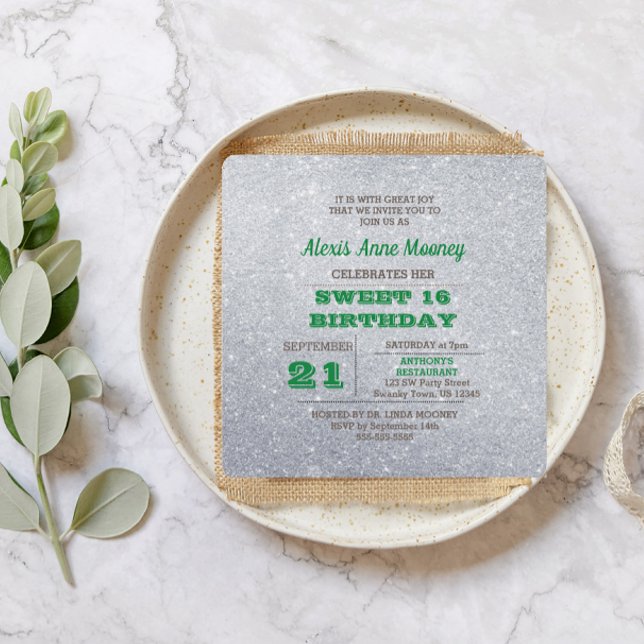 Silver & Emerald Green Sparkly Sweet 16 Convite (Criador carregado)