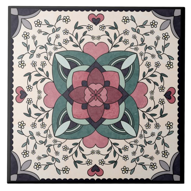 Silver Floral Blogue Retro Mandala Azulejo Cerâmic (Frente)