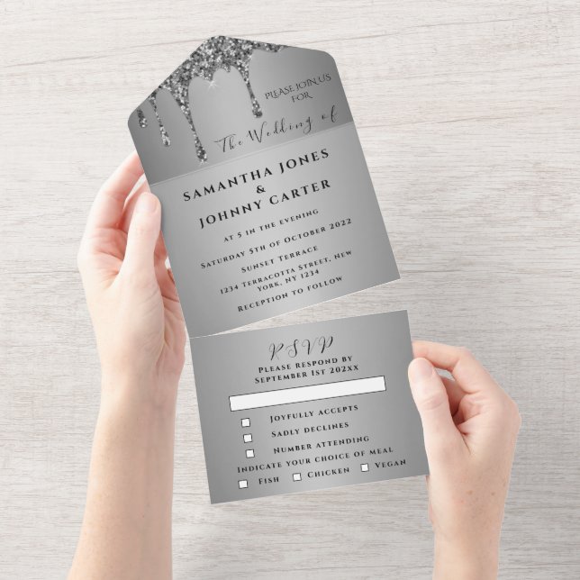 Silver Glitter Drives Sparkle RSVP Casamento Elega (Aba destacável)