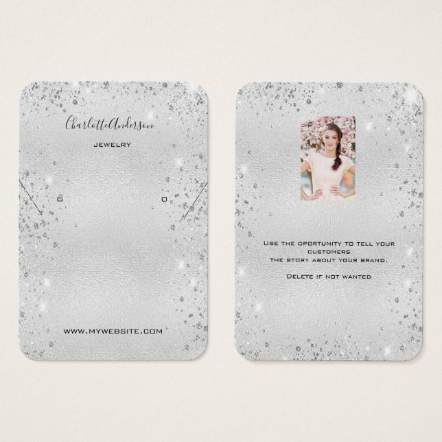 Silver glitter earring jewelry photo display card (Frente & Verso)