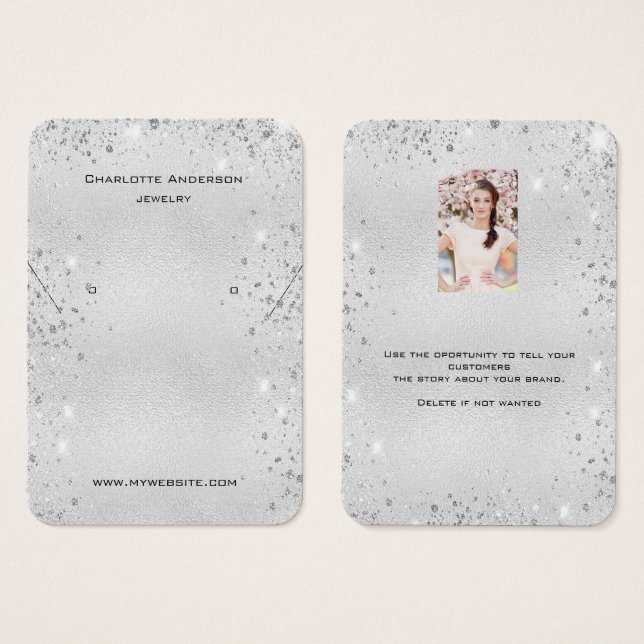 Silver glitter earrings brand photo display card (Frente & Verso)