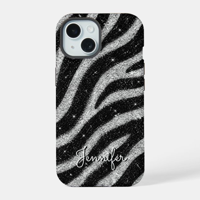 Silver Glitter Zebra Print Glam Personalized Name (Verso)